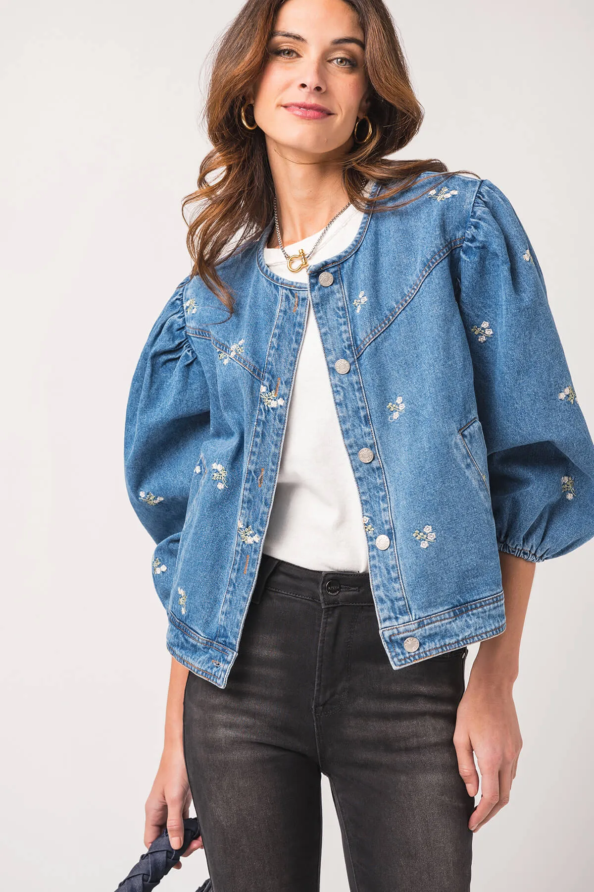 Heyson Embroidered Denim Jacket with Puff Sleeves
