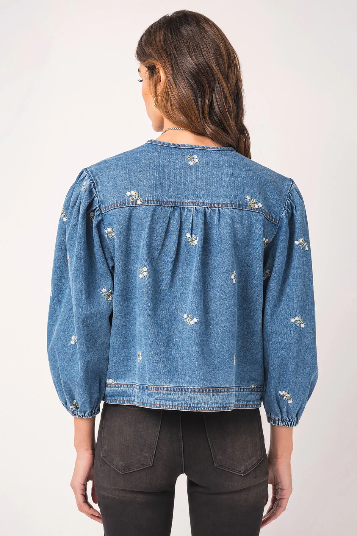 Heyson Embroidered Denim Jacket with Puff Sleeves