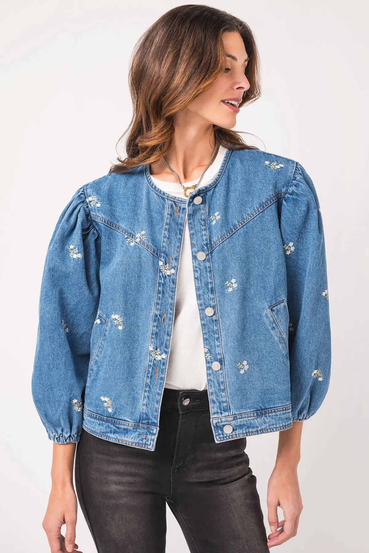 Heyson Embroidered Denim Jacket with Puff Sleeves