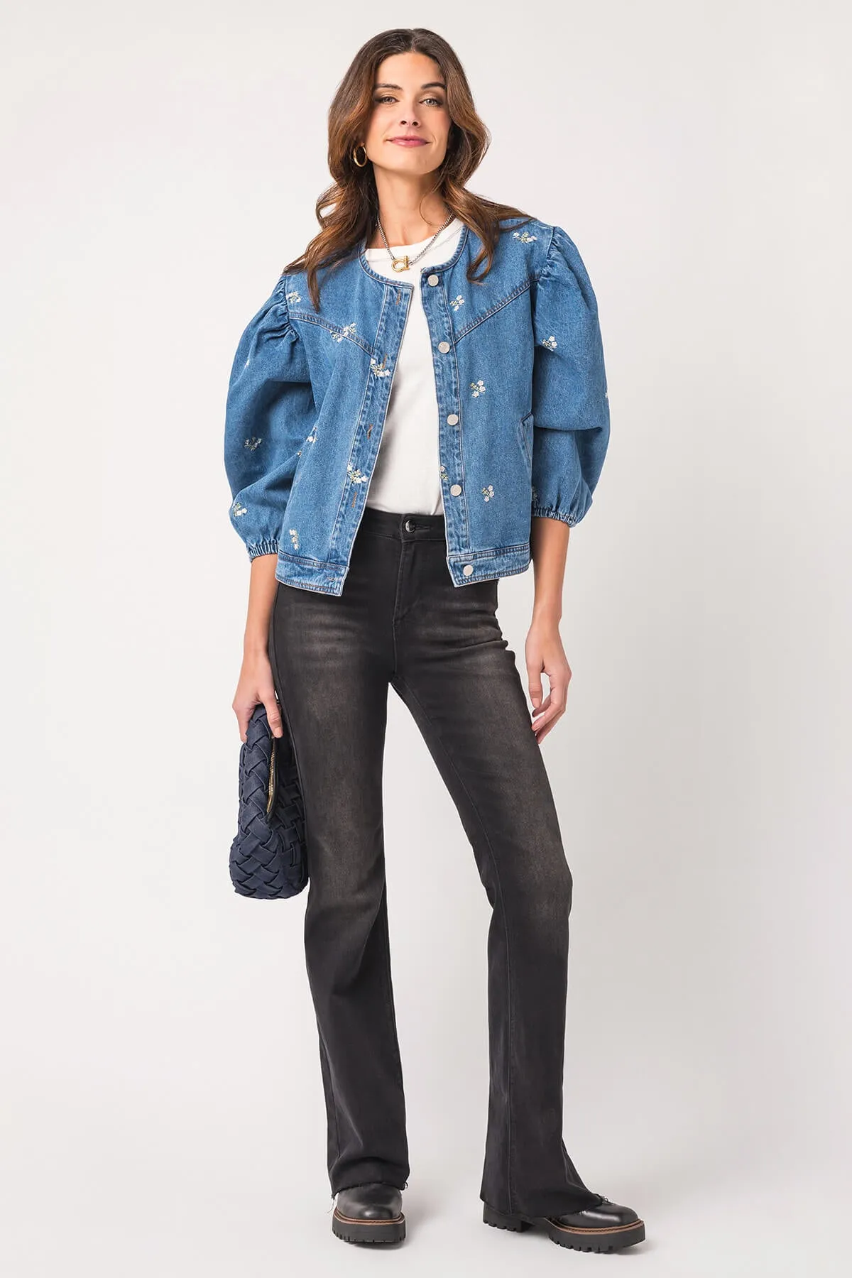 Heyson Embroidered Denim Jacket with Puff Sleeves