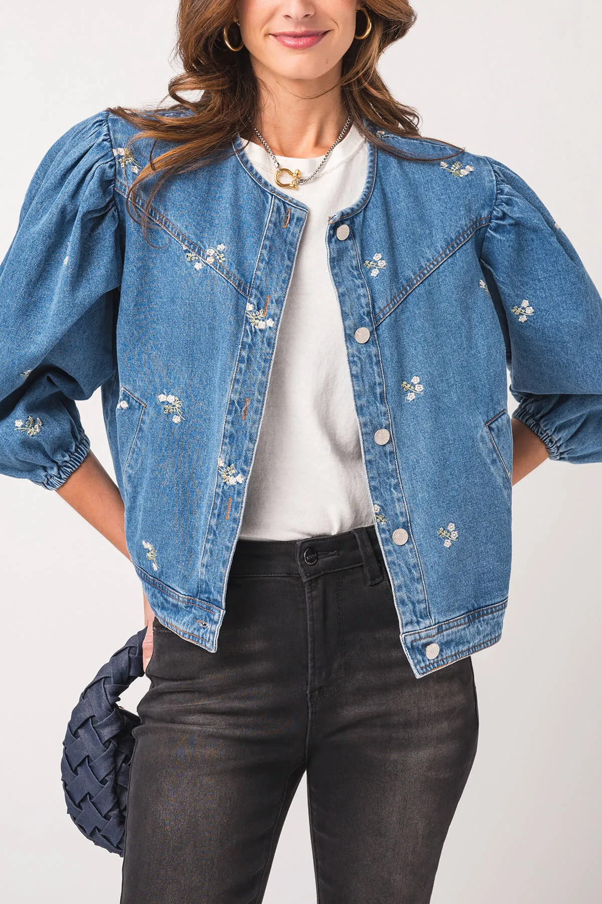 Heyson Embroidered Denim Jacket with Puff Sleeves