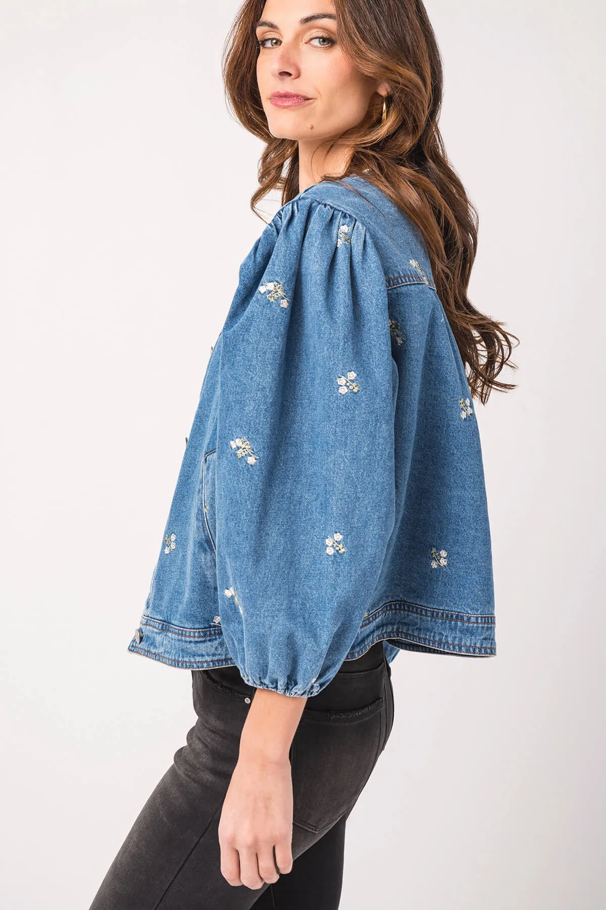 Heyson Embroidered Denim Jacket with Puff Sleeves
