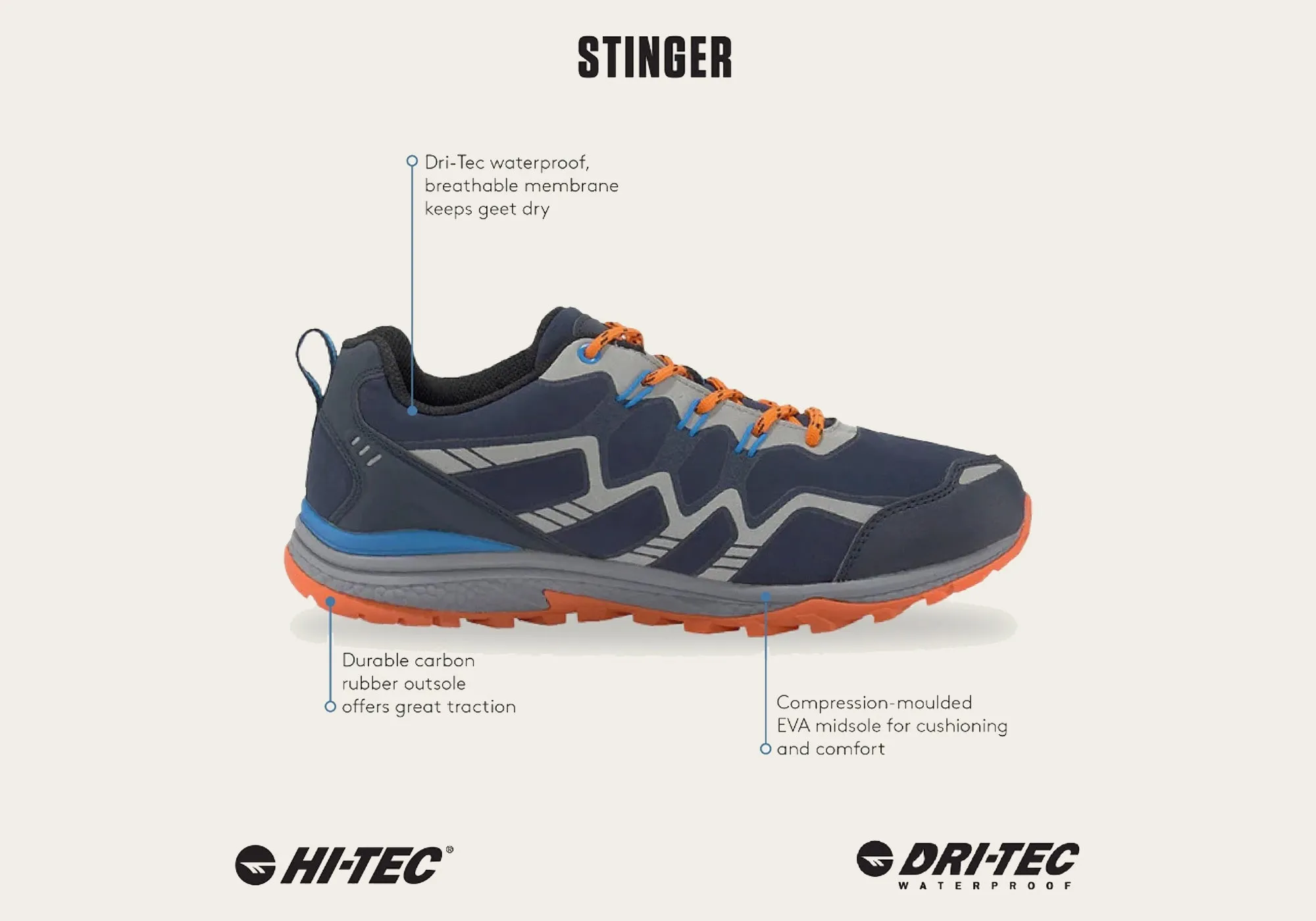 Hi Tec Mens Stinger Waterproof Comfortable Hiking Shoes Hi Tec Shoes