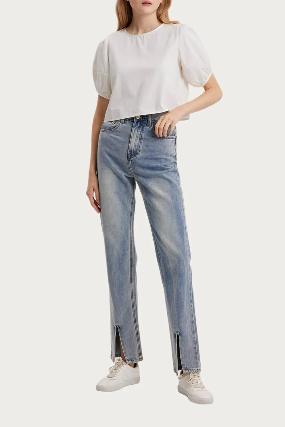 High-Rise Split Hem Jeans In Blue