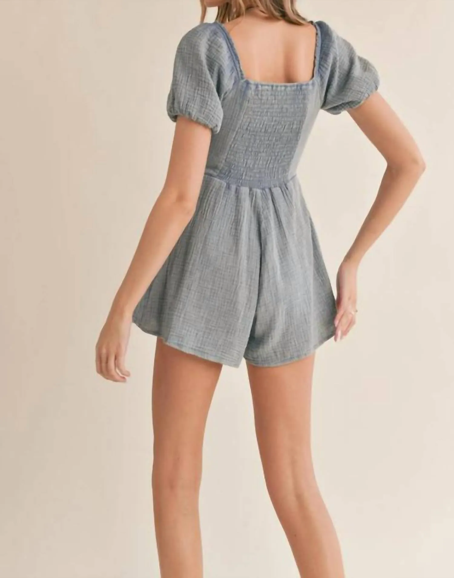 Hobbies Garment Washed Milkmaid Romper In Washed Blue