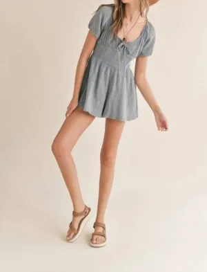 Hobbies Garment Washed Milkmaid Romper In Washed Blue