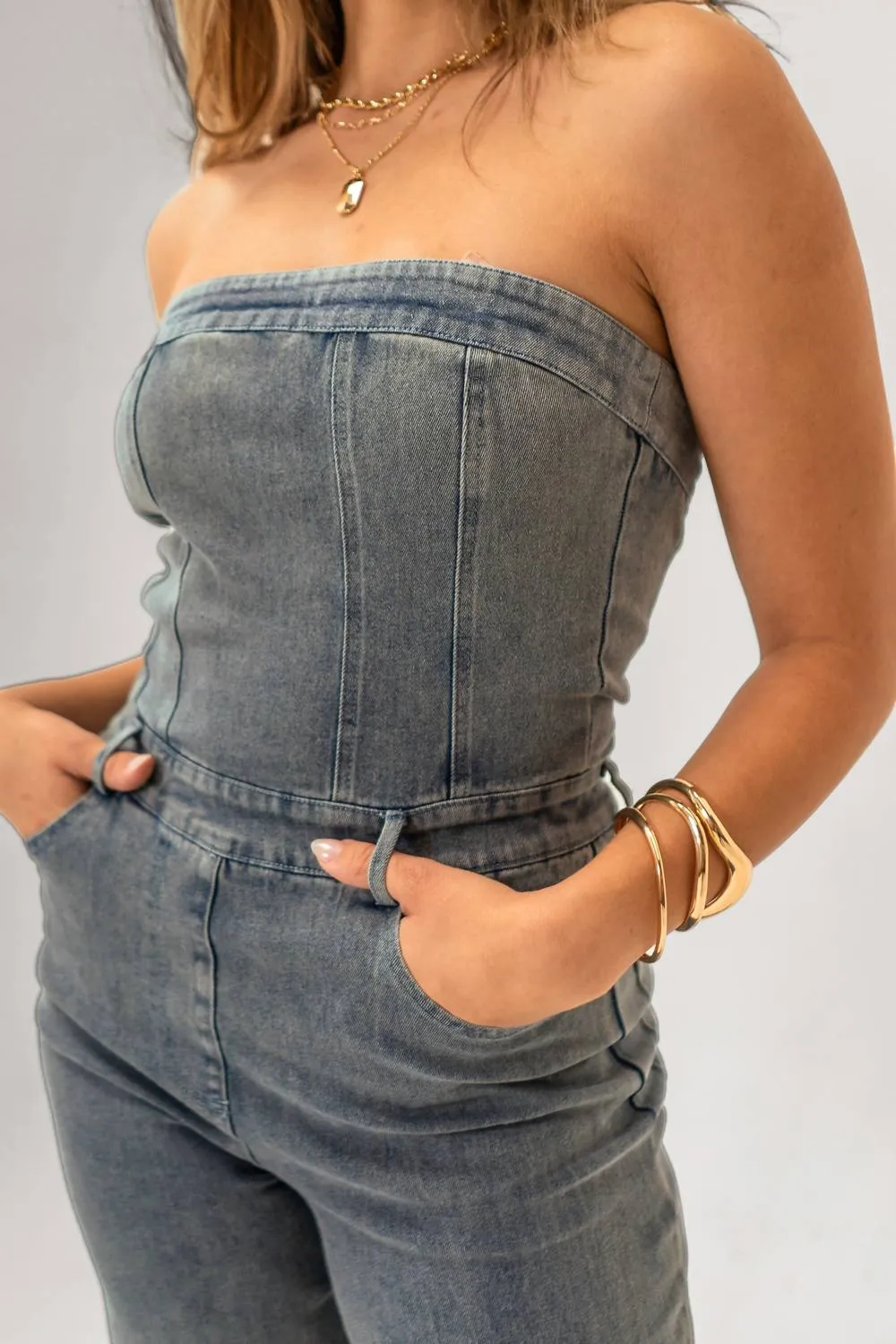 Isla Strapless Denim Jumpsuit In Grey Denim