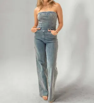 Isla Strapless Denim Jumpsuit In Grey Denim