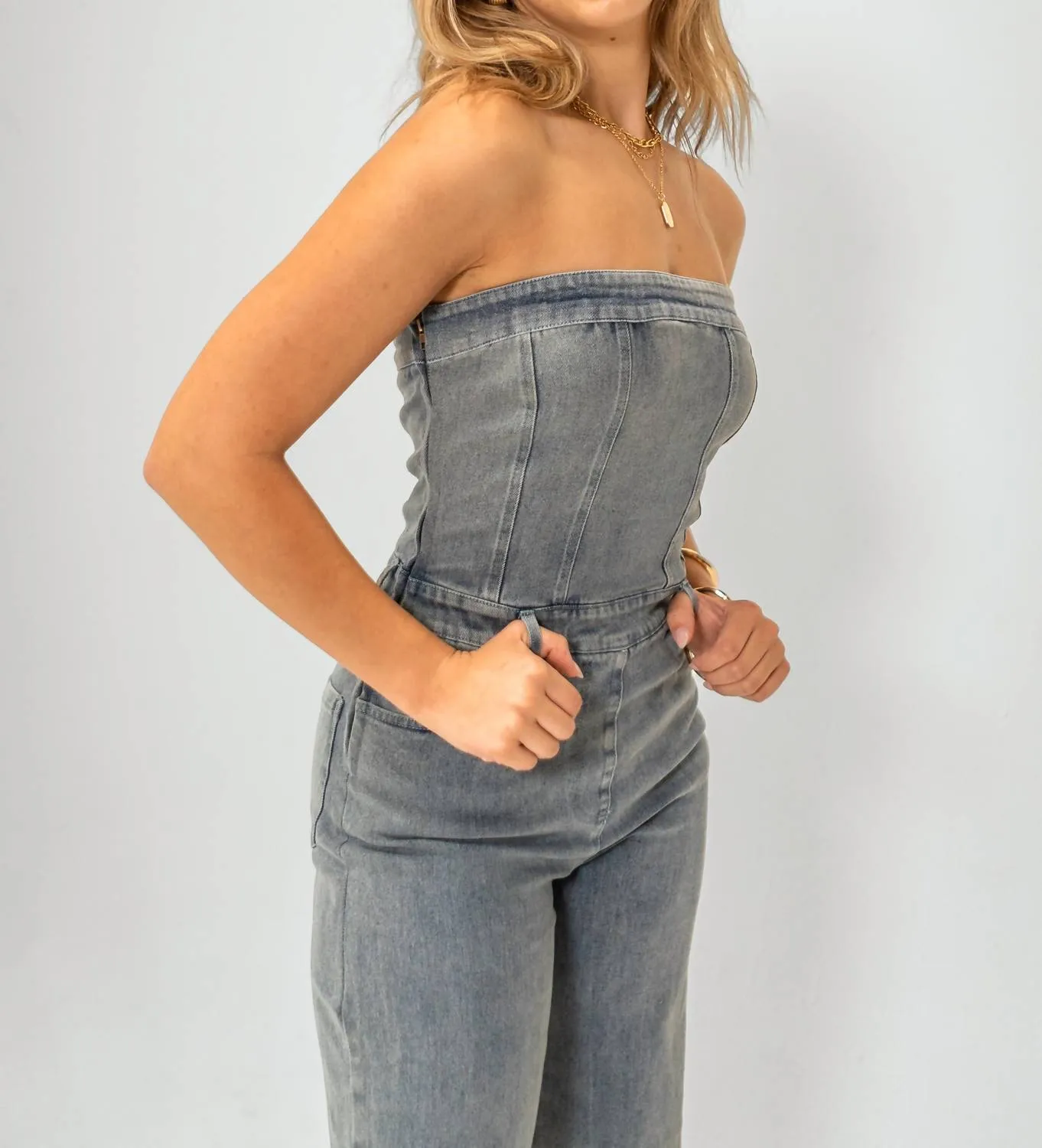 Isla Strapless Denim Jumpsuit In Grey Denim