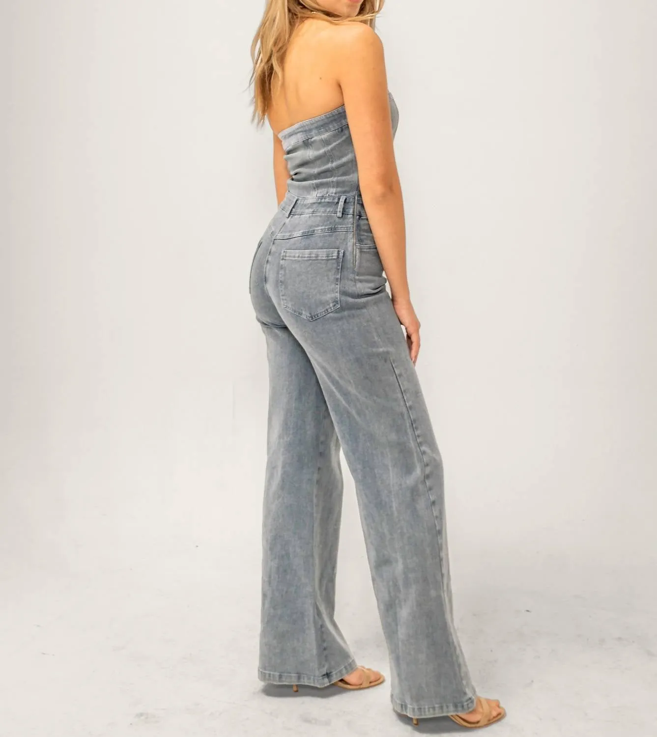 Isla Strapless Denim Jumpsuit In Grey Denim