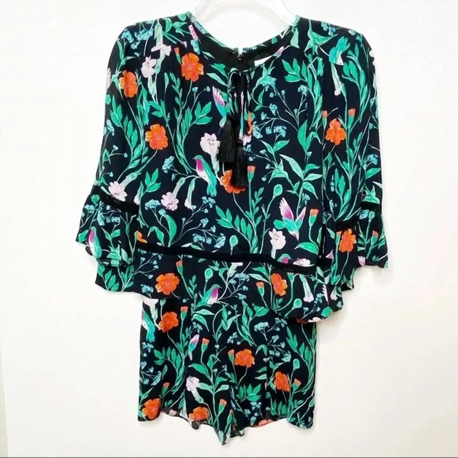 Jardin Crepe Floral Bell Sleeve Romper In Green
