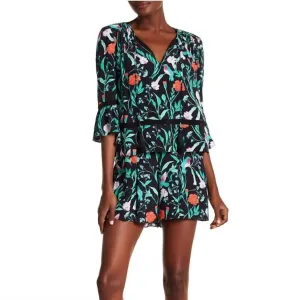 Jardin Crepe Floral Bell Sleeve Romper In Green