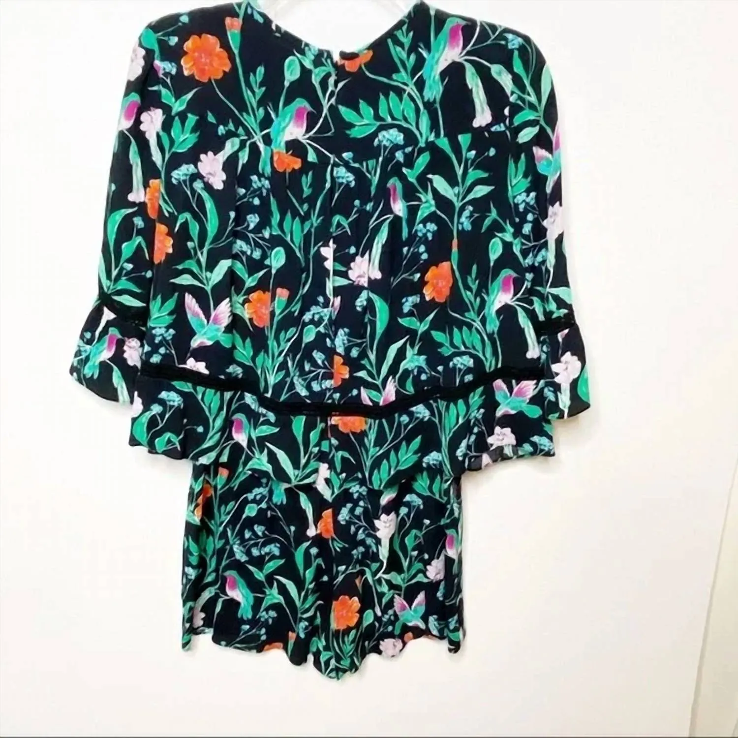 Jardin Crepe Floral Bell Sleeve Romper In Green