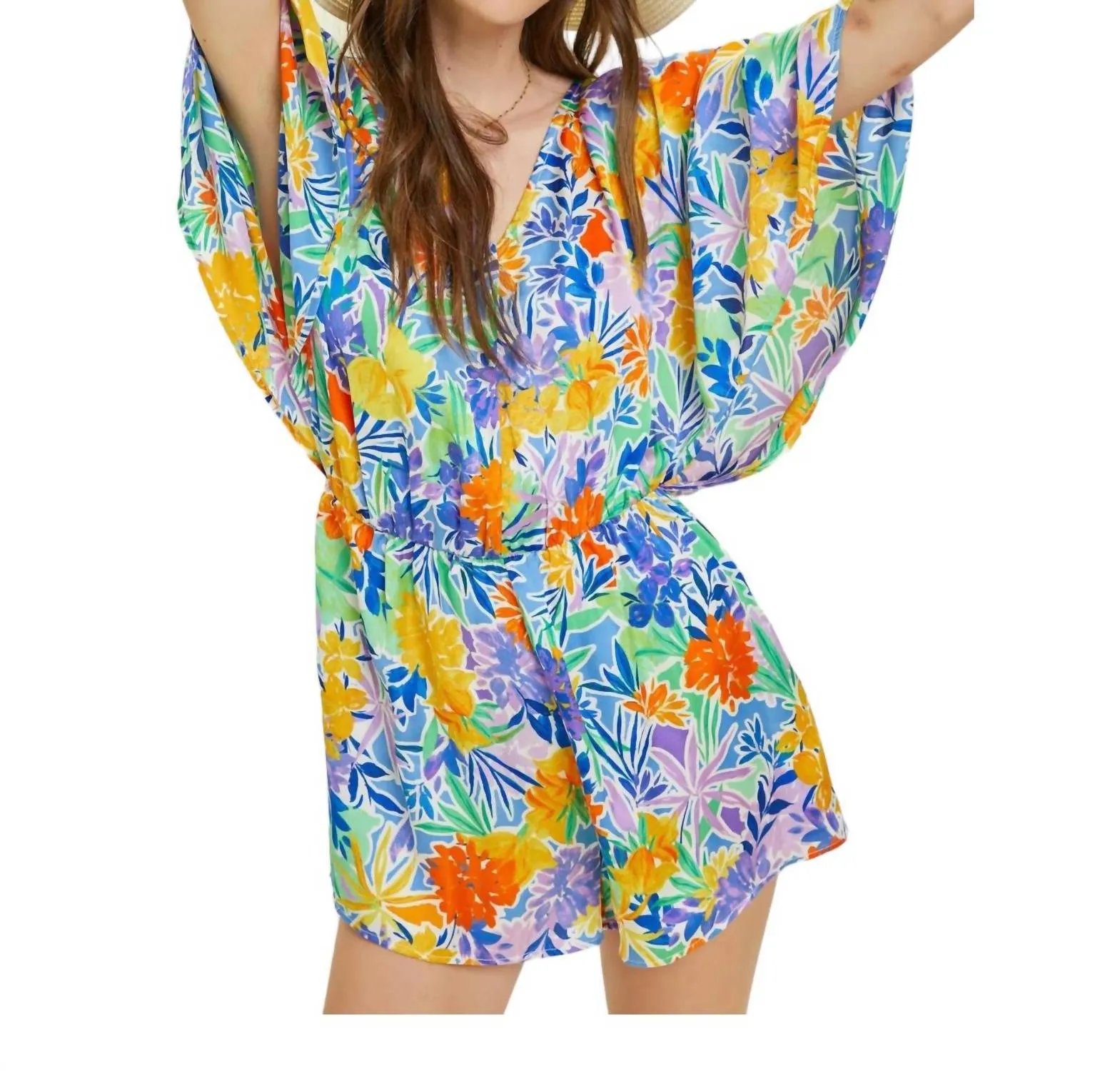 Kimono Sleeve Romper In Blue