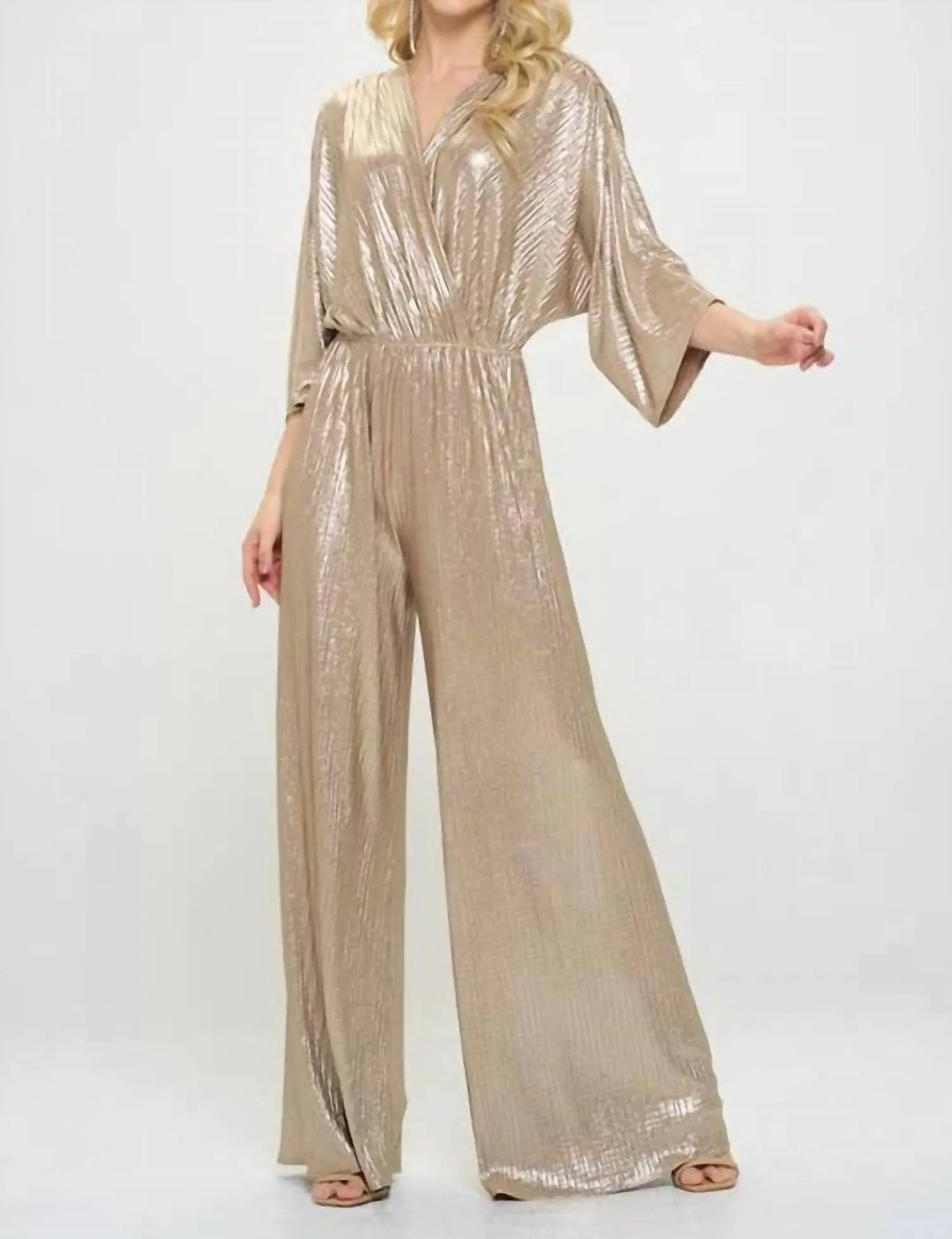 Kimono Sleeve Wide Leg Jumpsuit In Gold
