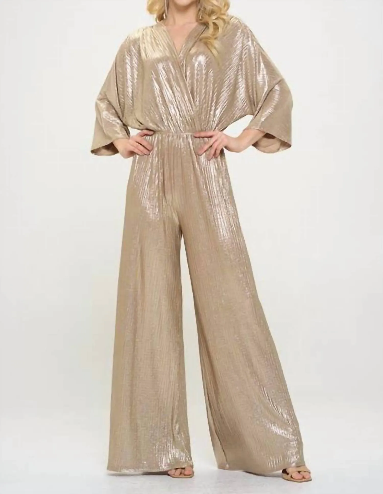 Kimono Sleeve Wide Leg Jumpsuit In Gold