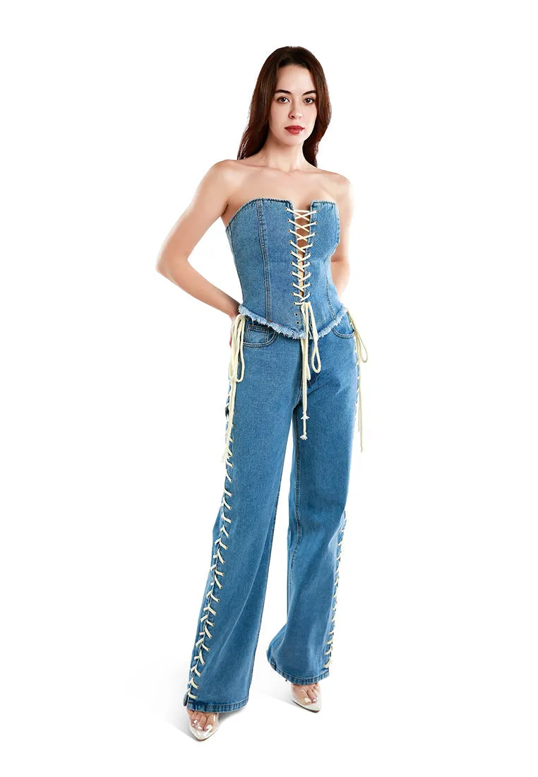 lace up denim trousers