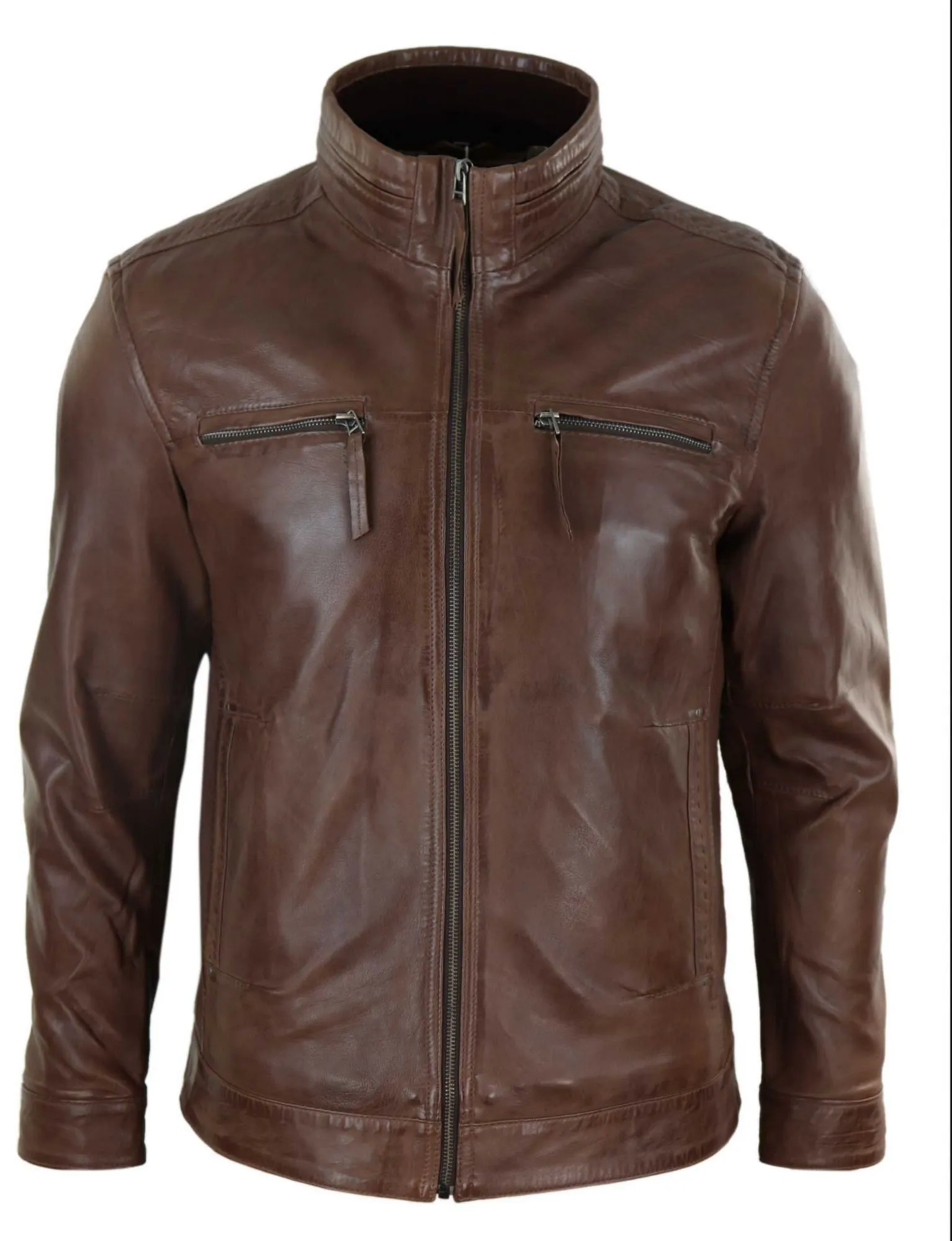 Leather High Collar Zipped Biker Jacket