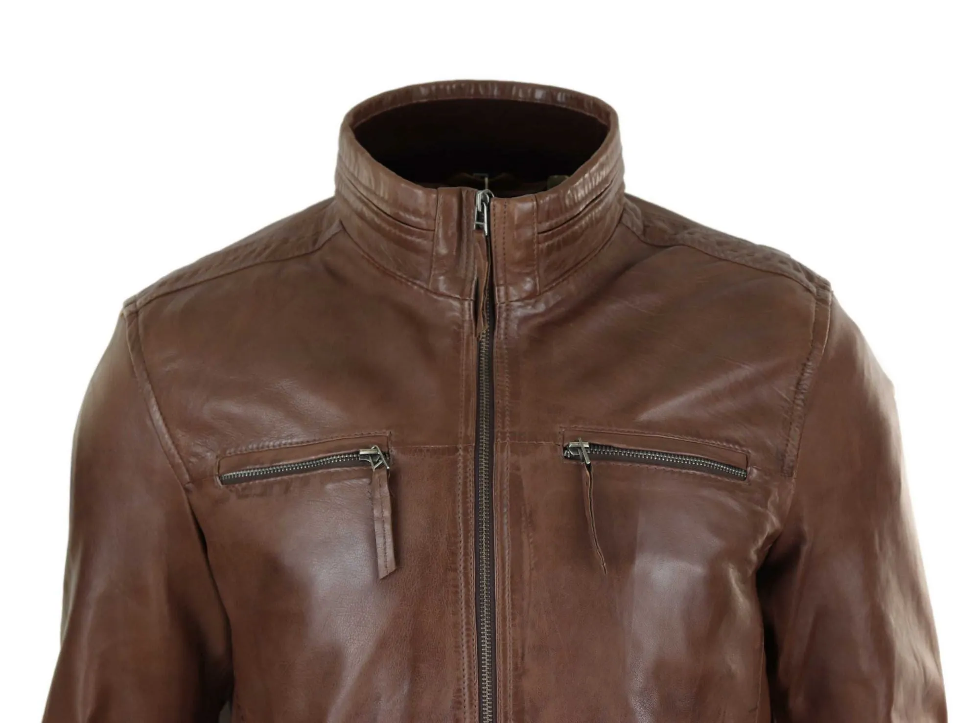 Leather High Collar Zipped Biker Jacket