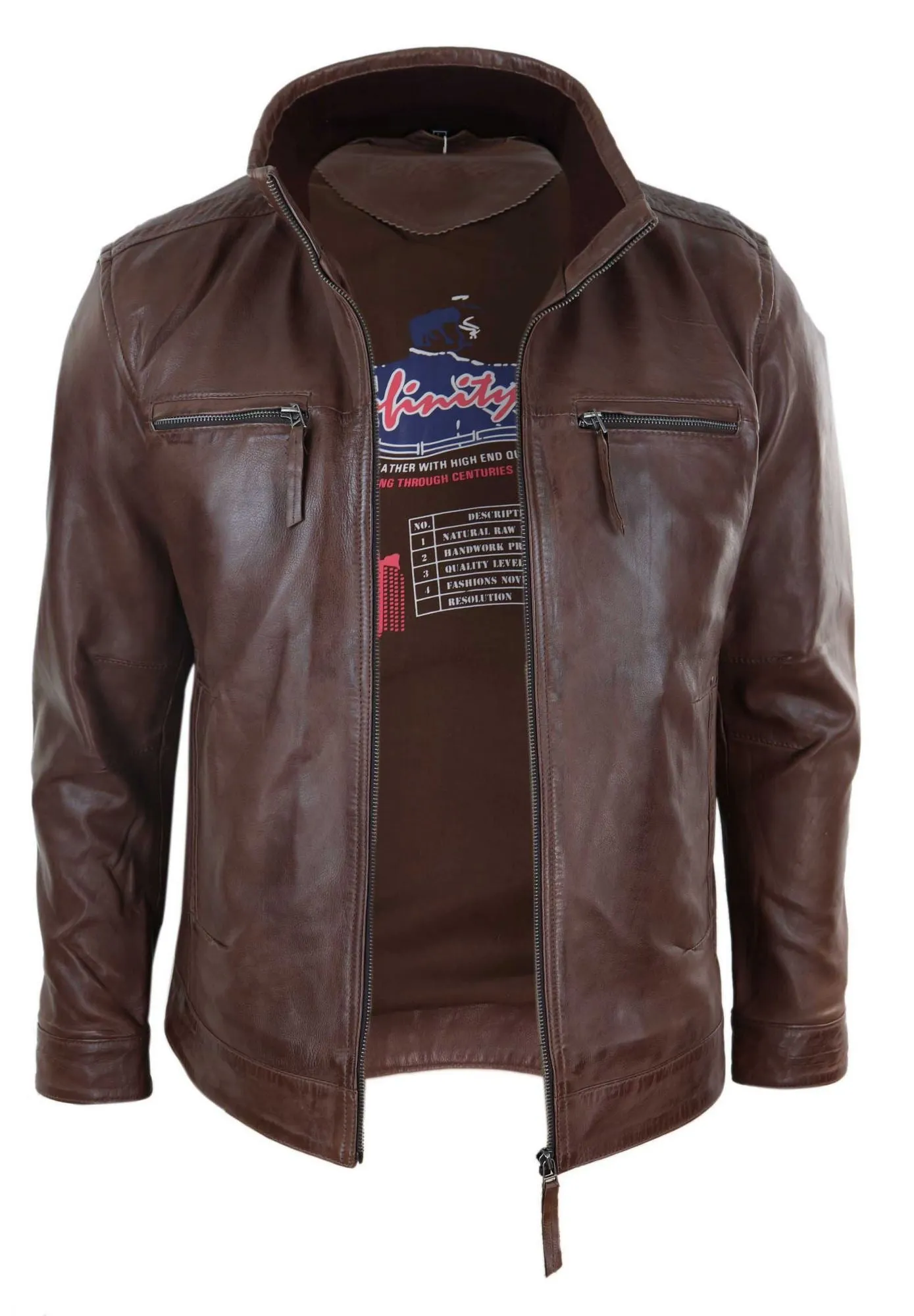 Leather High Collar Zipped Biker Jacket