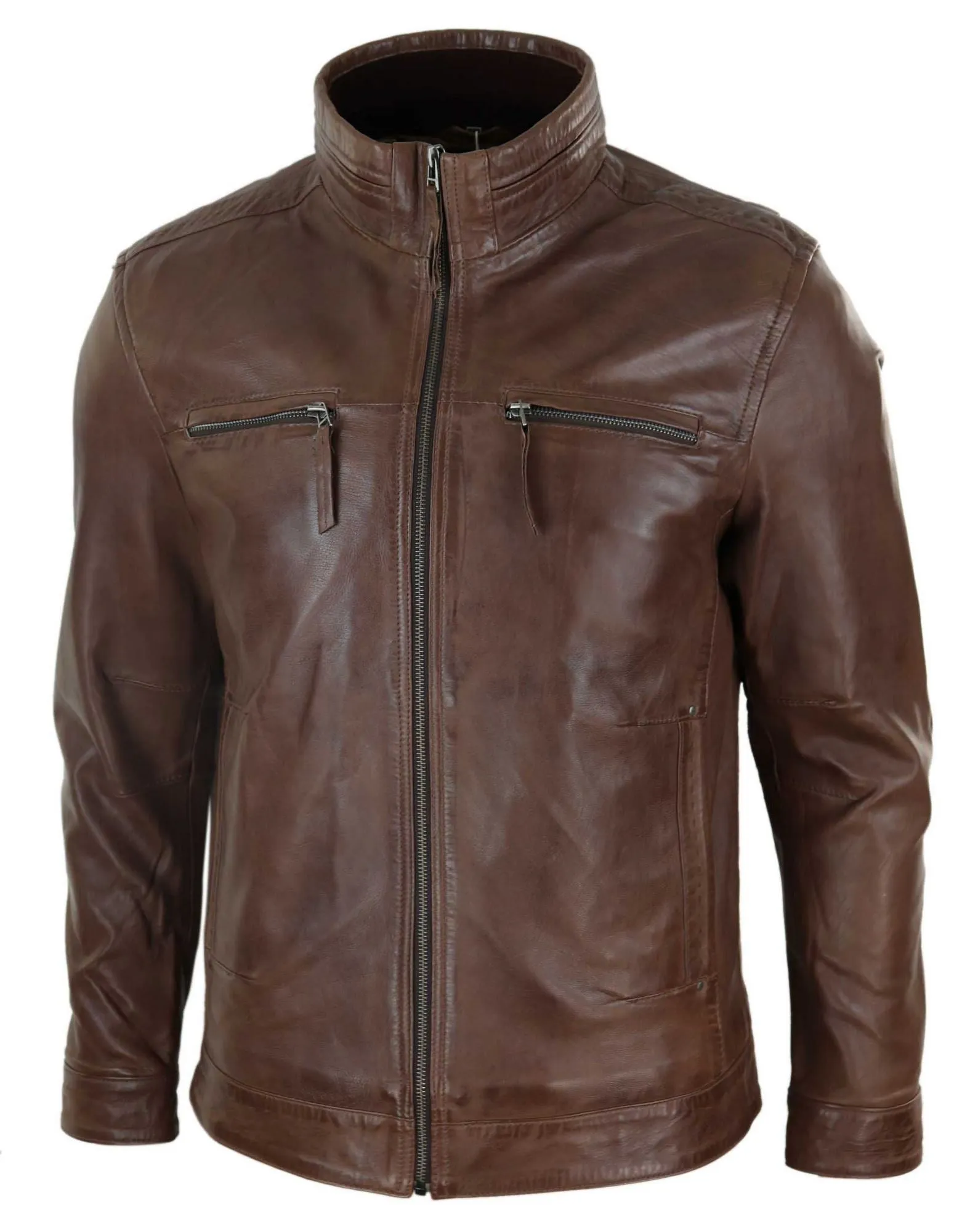 Leather High Collar Zipped Biker Jacket
