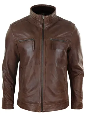 Leather High Collar Zipped Biker Jacket