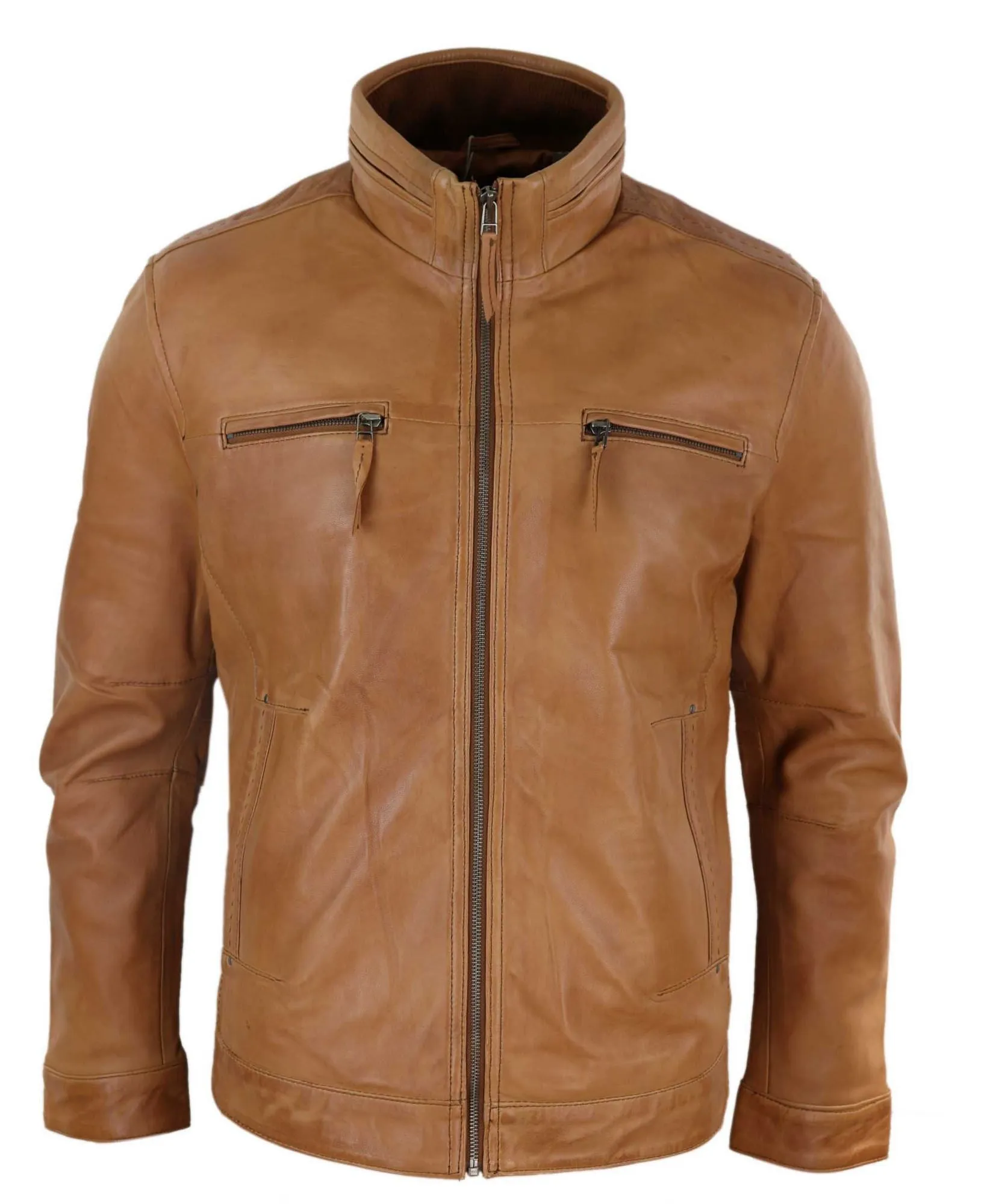 Leather High Collar Zipped Biker Jacket