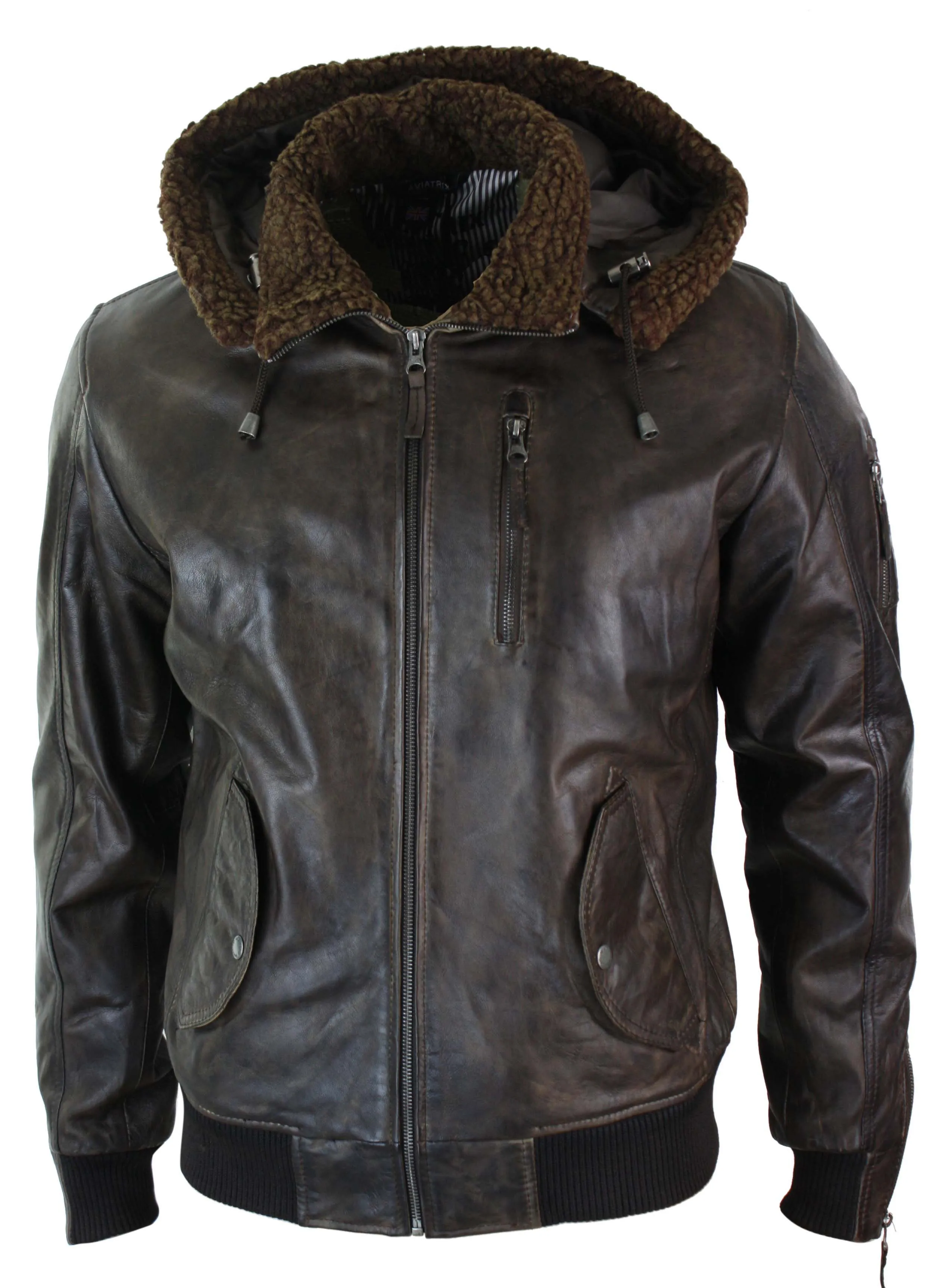 Leather Hooded Bomber Jacket