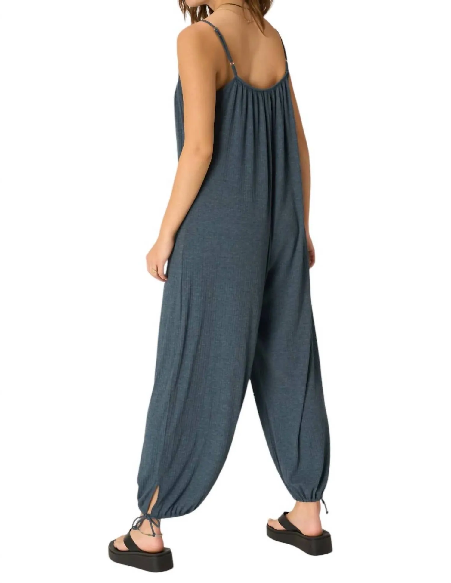 Let's Bounce Shirred Strappy Jumpsuit In Teal