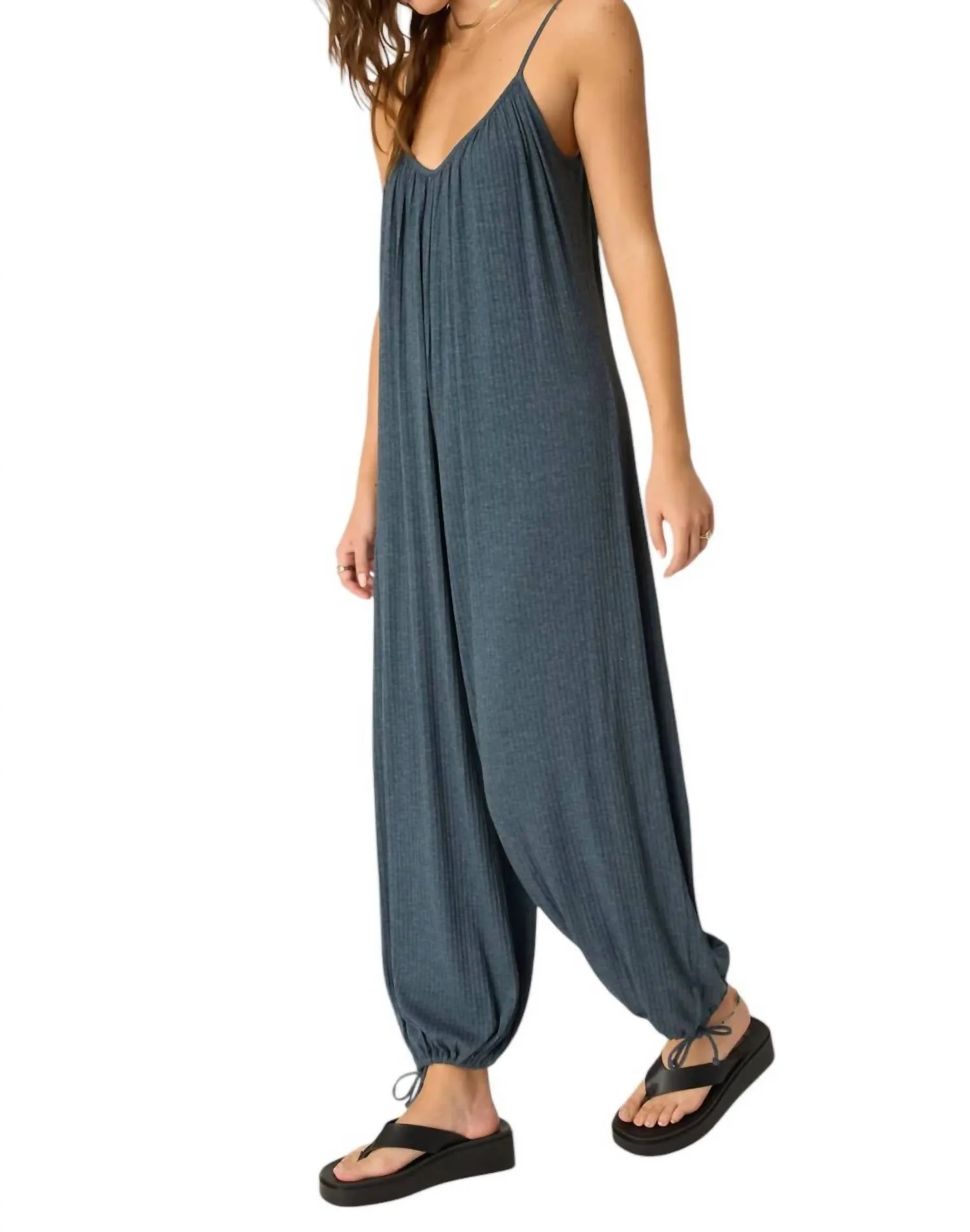 Let's Bounce Shirred Strappy Jumpsuit In Teal