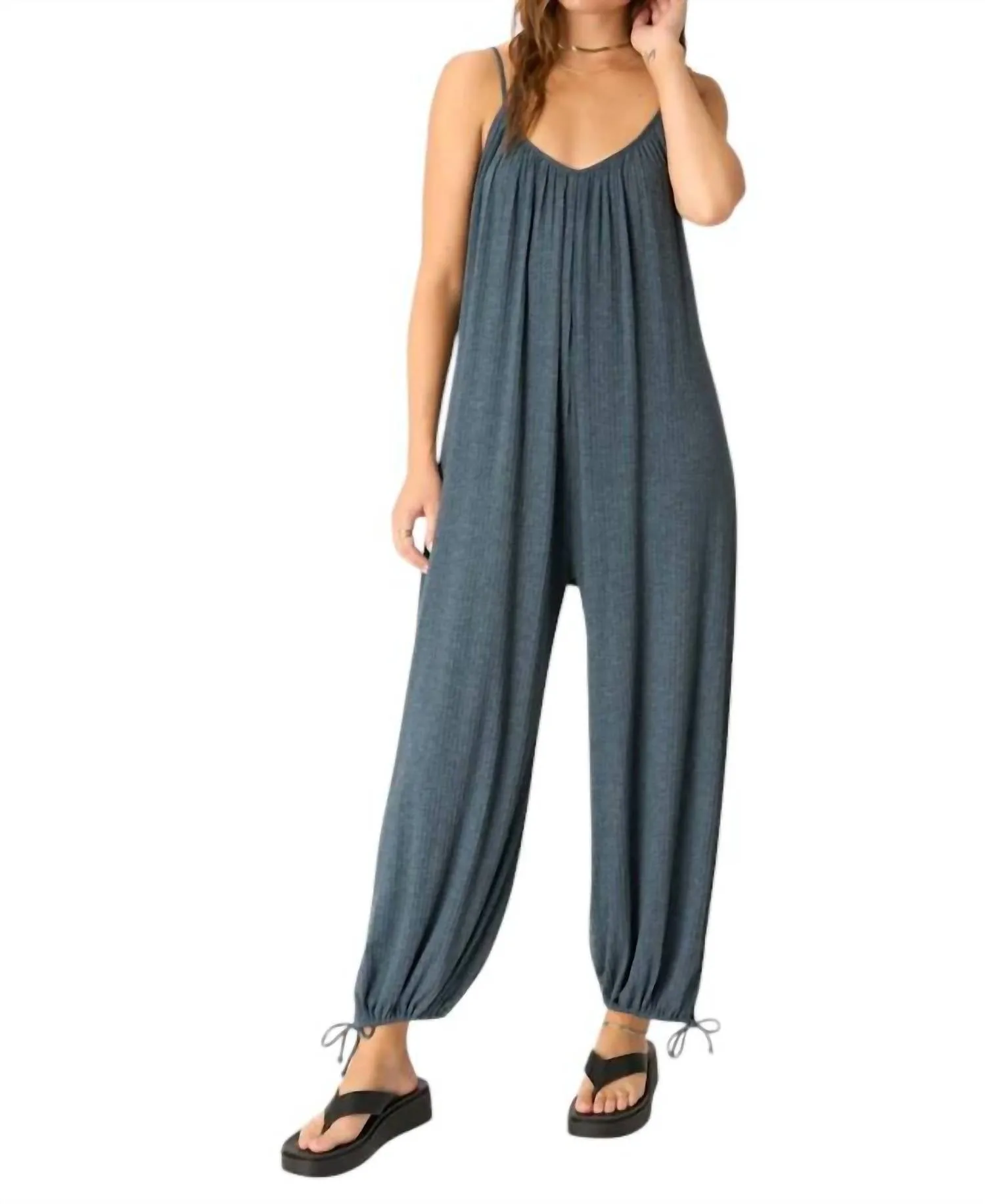Let's Bounce Shirred Strappy Jumpsuit In Teal