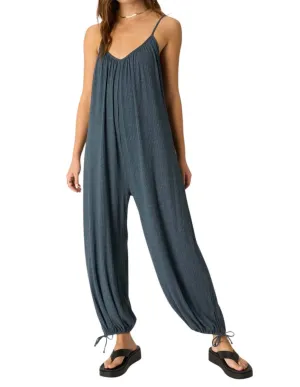 Let's Bounce Shirred Strappy Jumpsuit In Teal