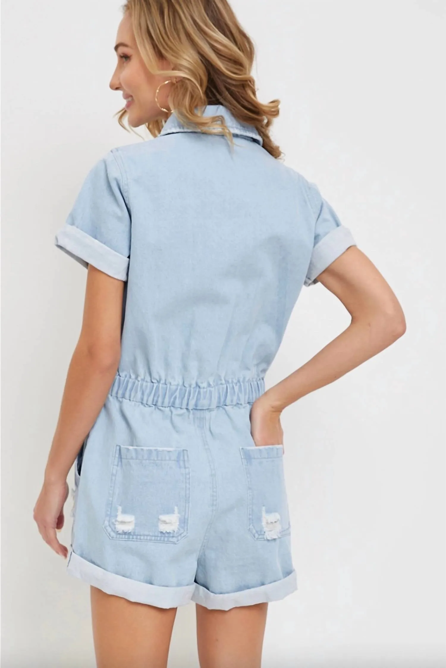 Light Denim Collar Romper In Light Wash