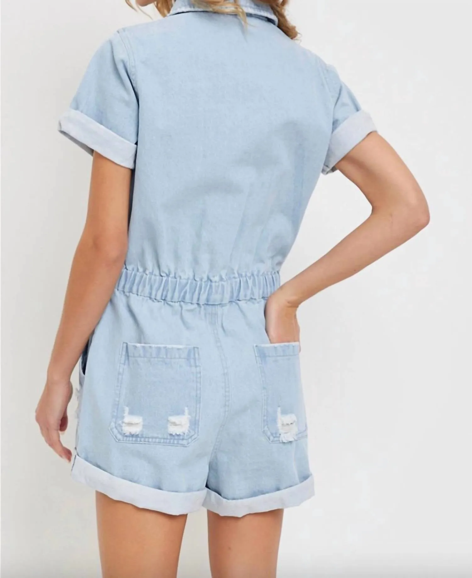 Light Denim Collar Romper In Light Wash