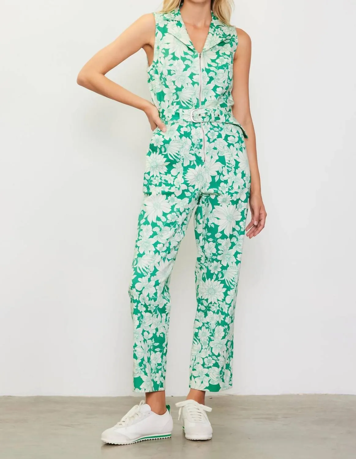 Lily Print Twill Sleeveless Jumpsuit In Green/white