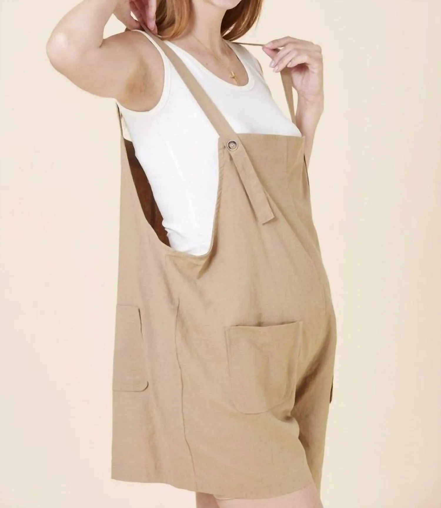 Linen Overalls Romper In Camel