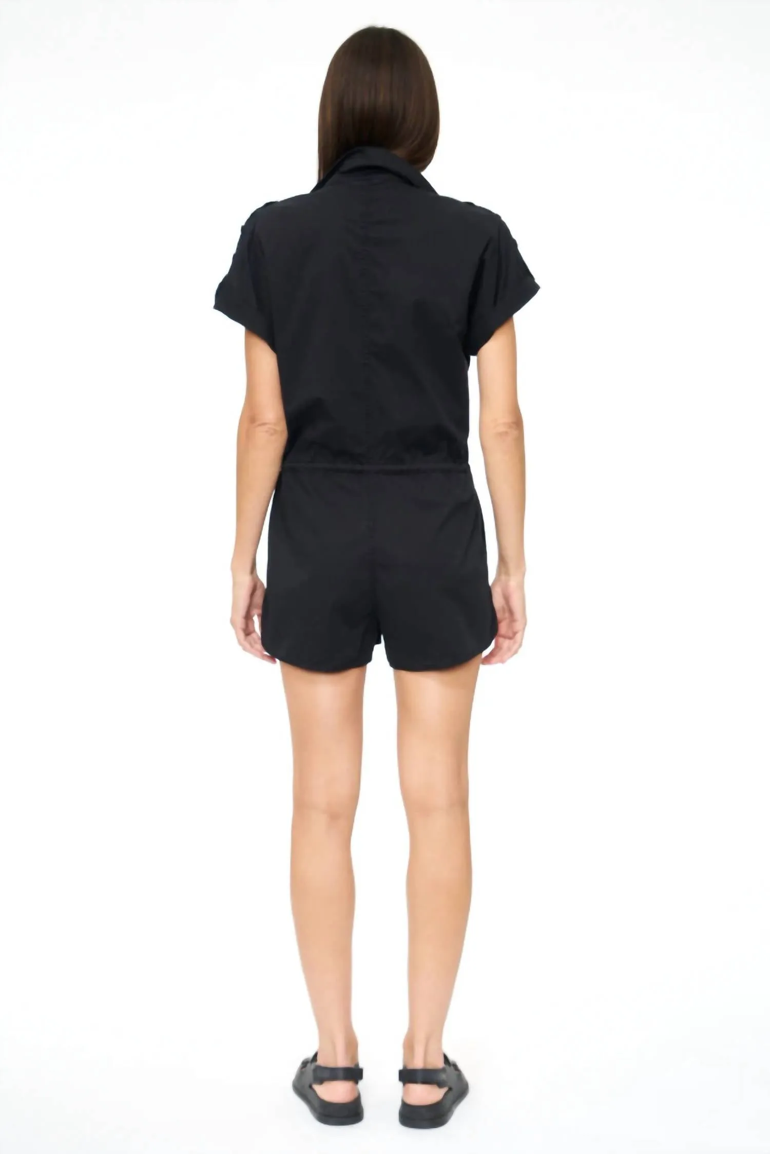 Meg Short Sleeve Zip Romper In Fade To Black