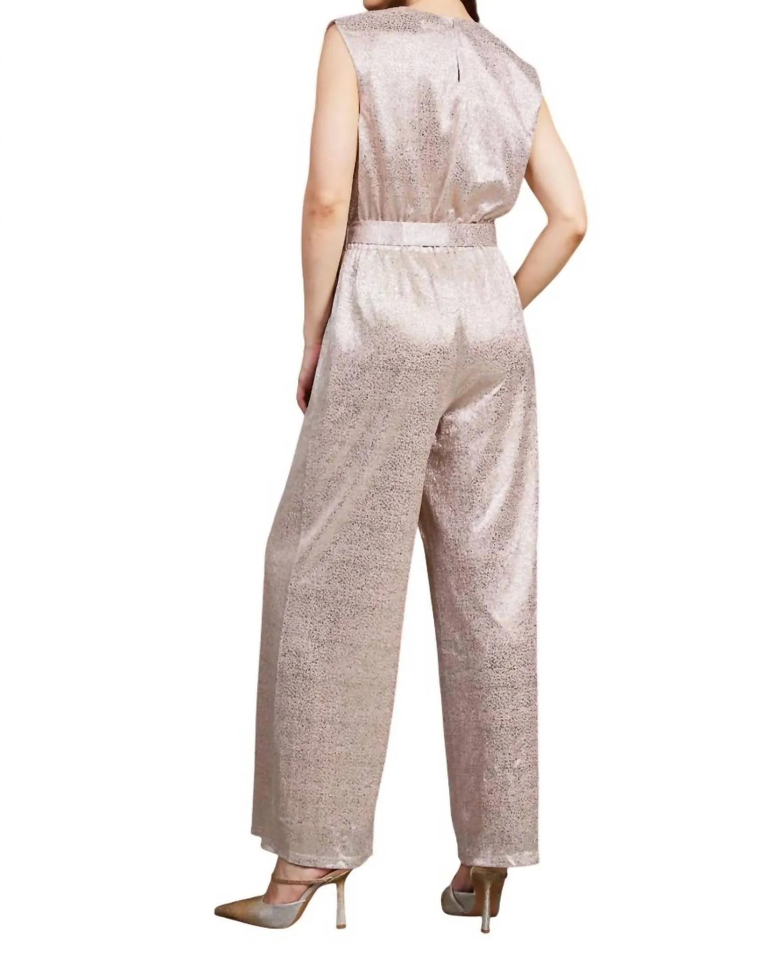 Metallic Foil Print Jumpsuit In Blush