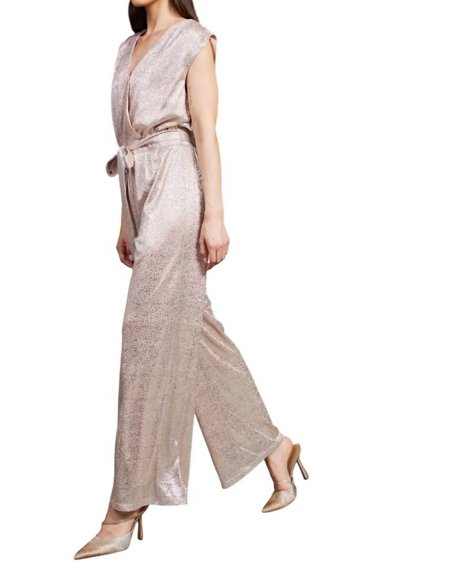 Metallic Foil Print Jumpsuit In Blush