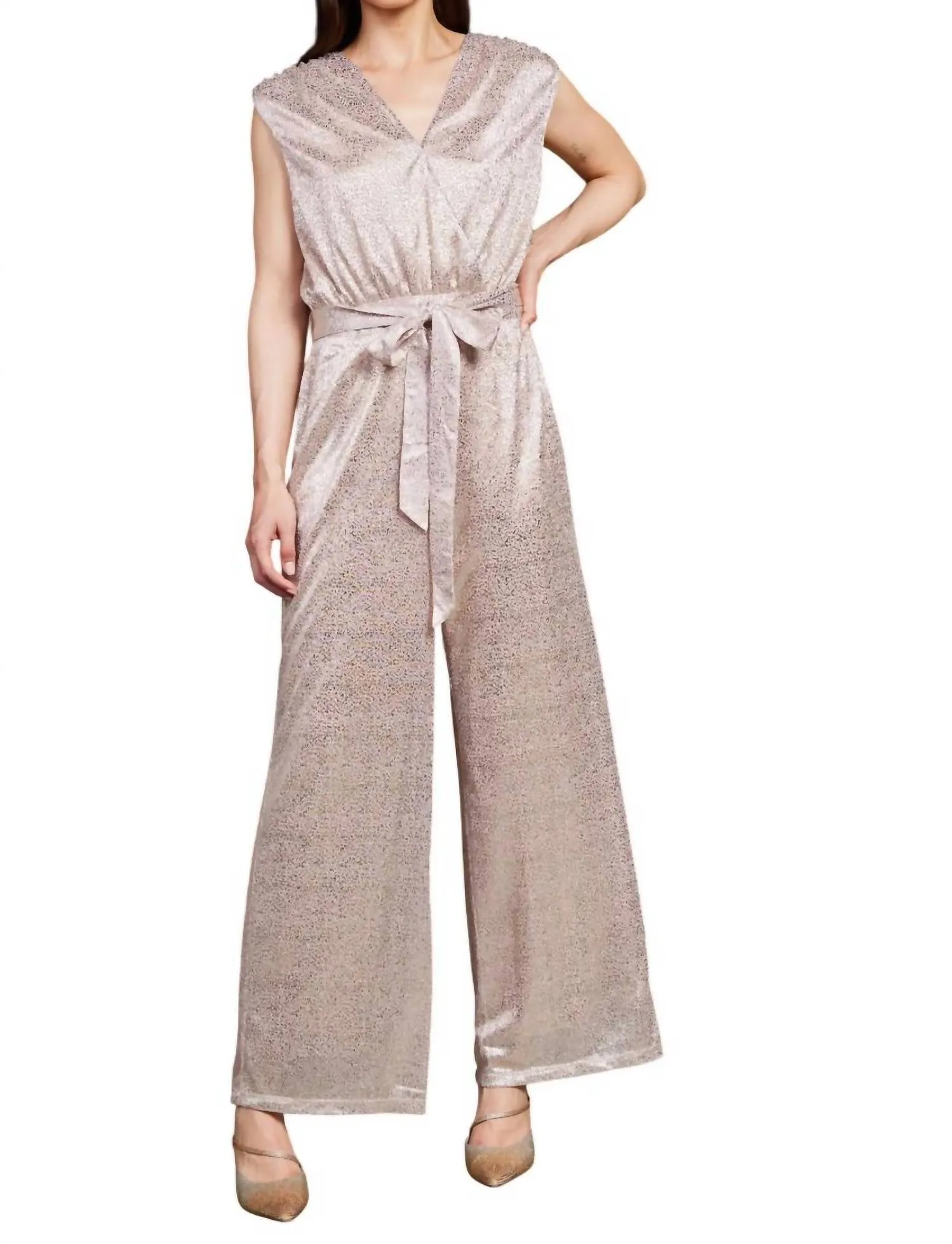 Metallic Foil Print Jumpsuit In Blush