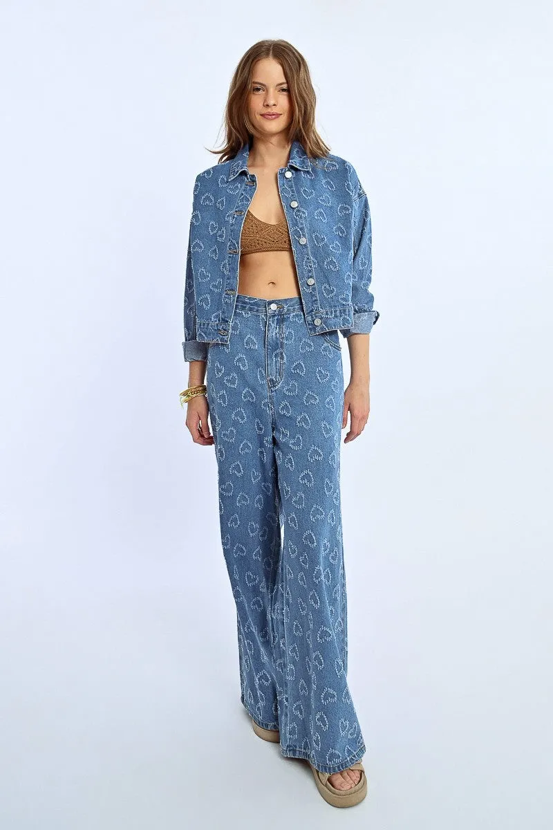 Molly Bracken Sparkly Heart Embellished Shirt Style Denim Jacket