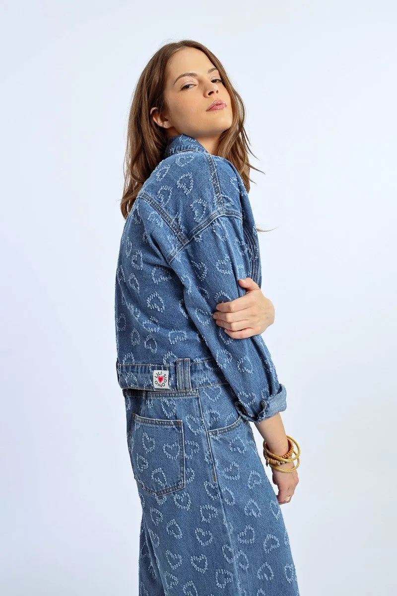 Molly Bracken Sparkly Heart Embellished Shirt Style Denim Jacket