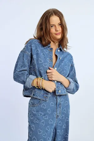 Molly Bracken Sparkly Heart Embellished Shirt Style Denim Jacket