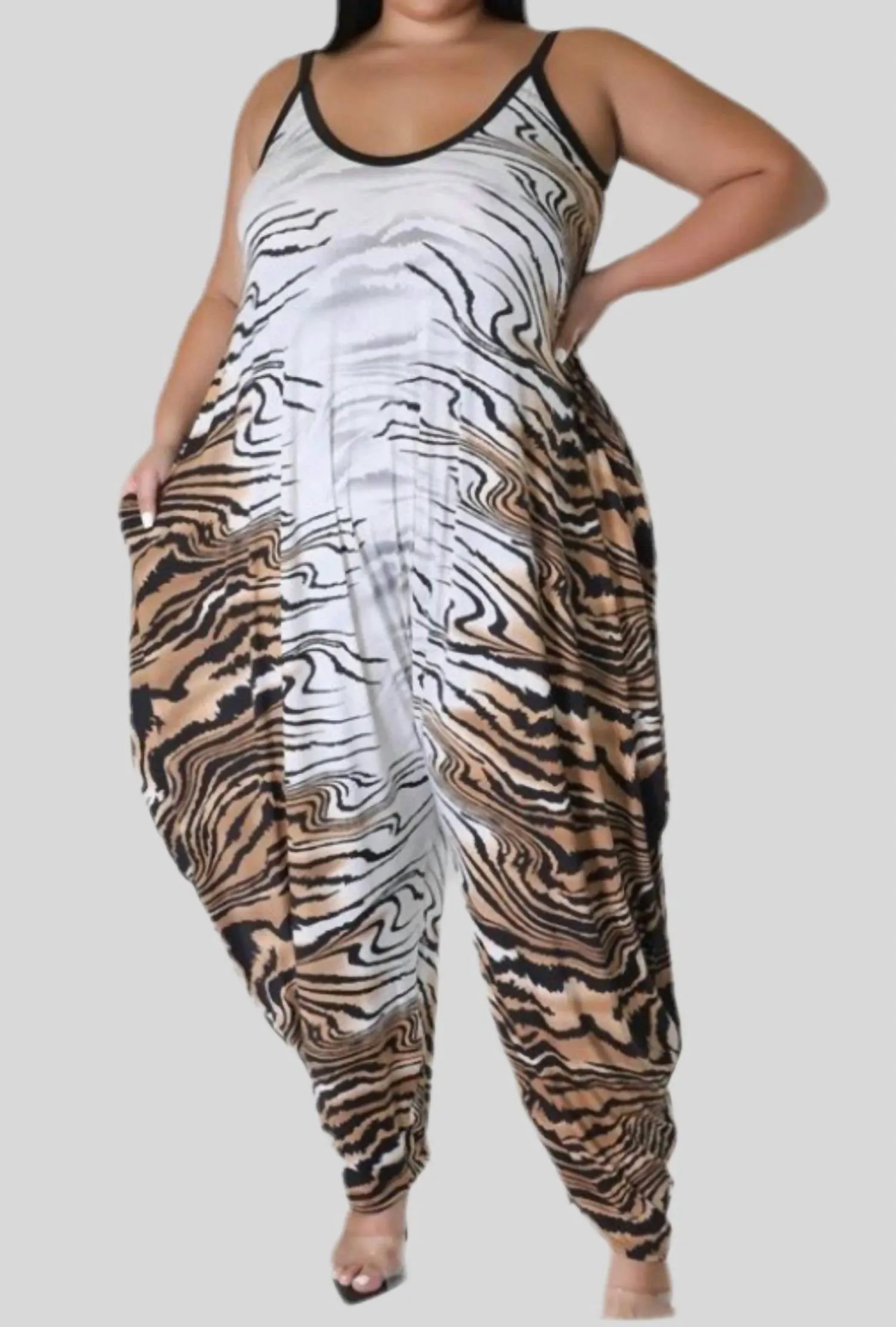 Multi Print Plus Jumpsuit In Tiger Print