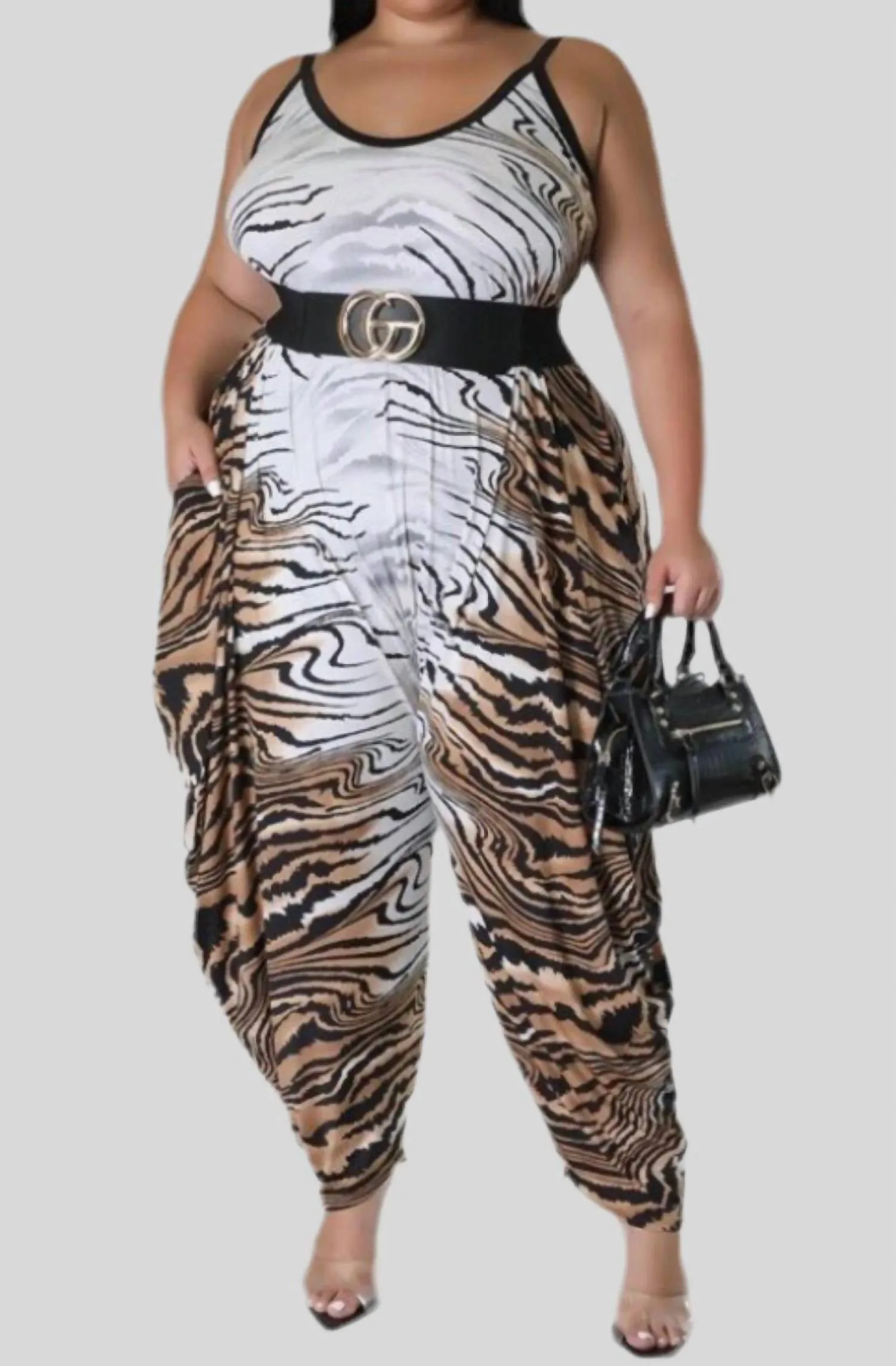 Multi Print Plus Jumpsuit In Tiger Print