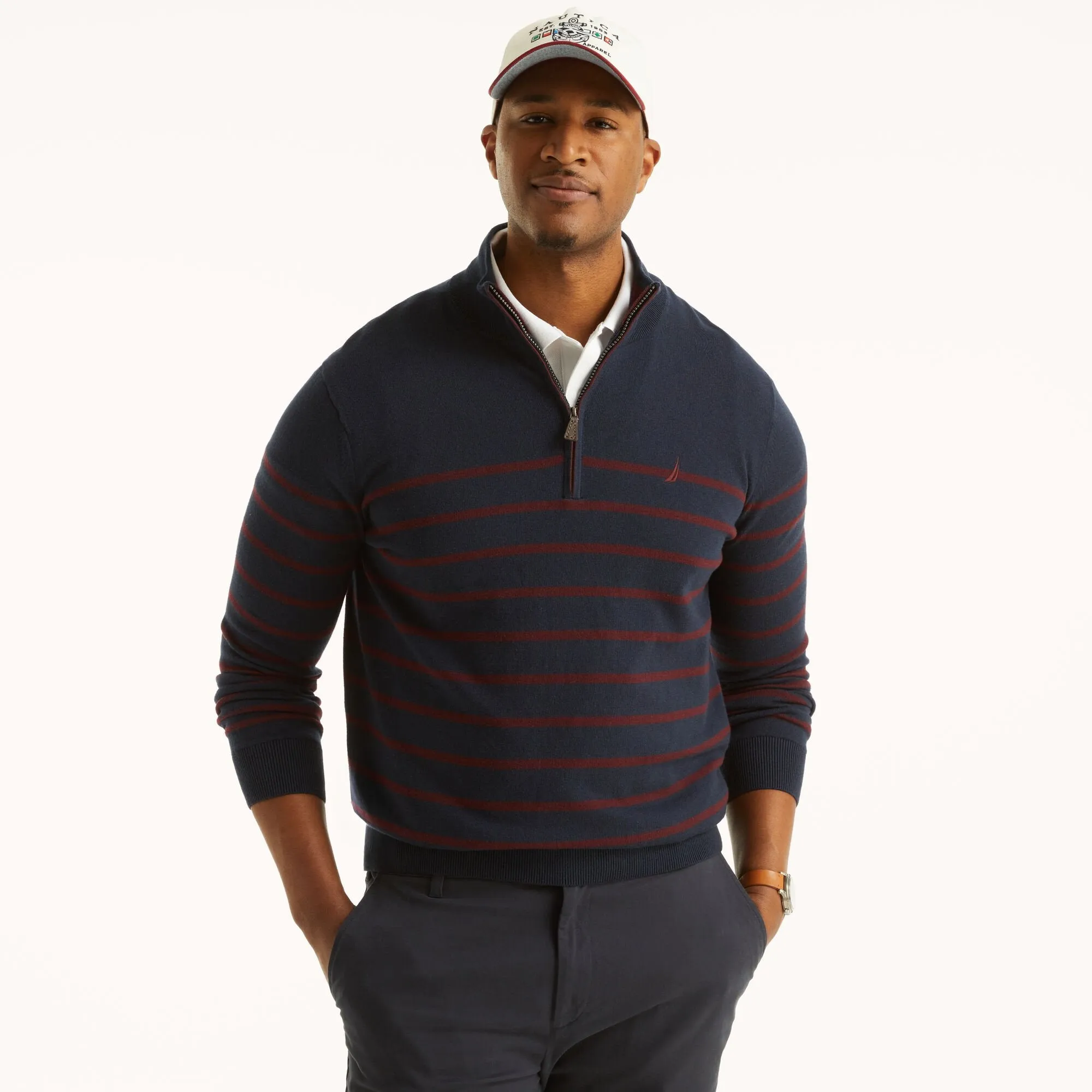 Nautica Mens Big & Tall Navtech Striped Quarter-Zip Sweater