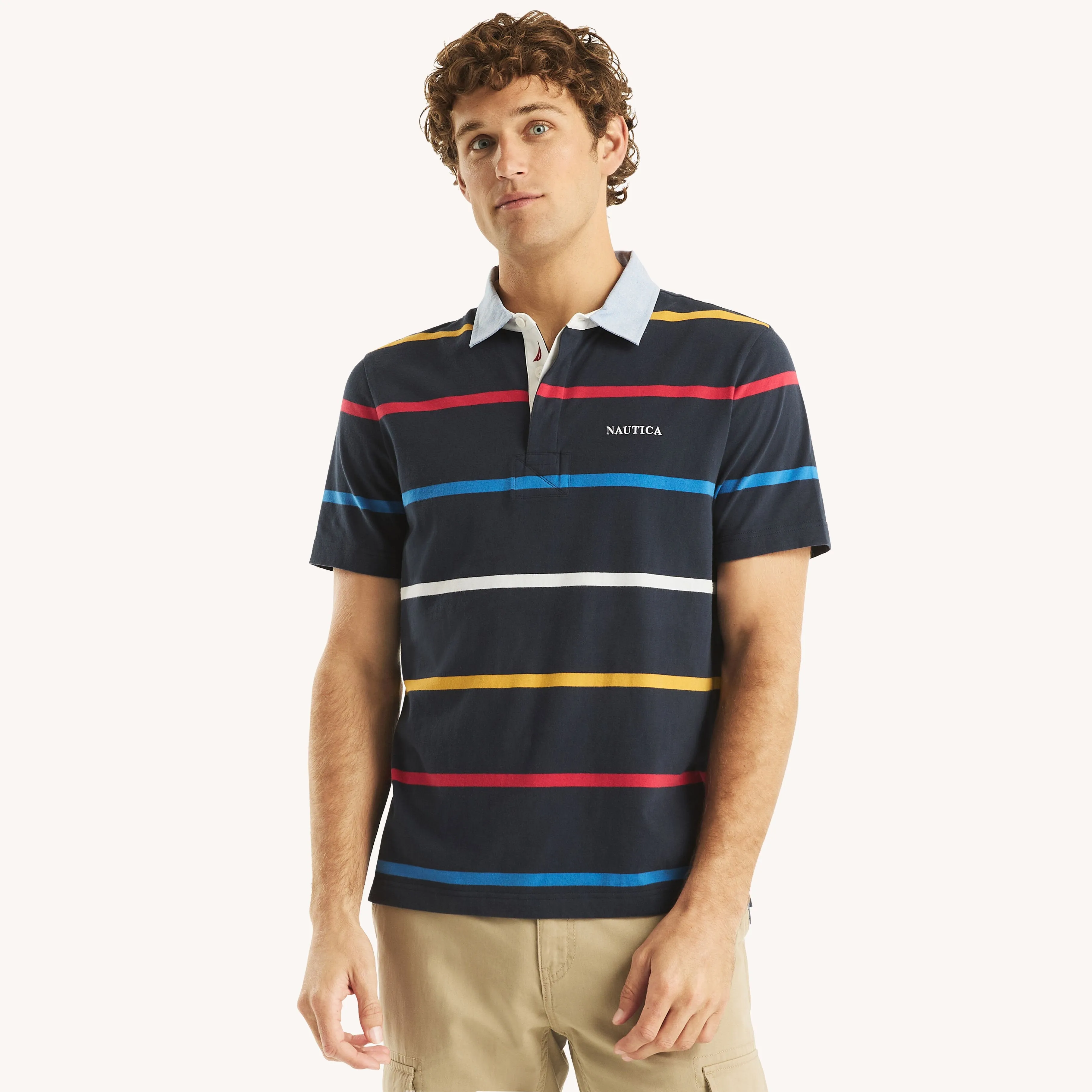 Nautica Mens Classic Fit Striped Rugby Polo