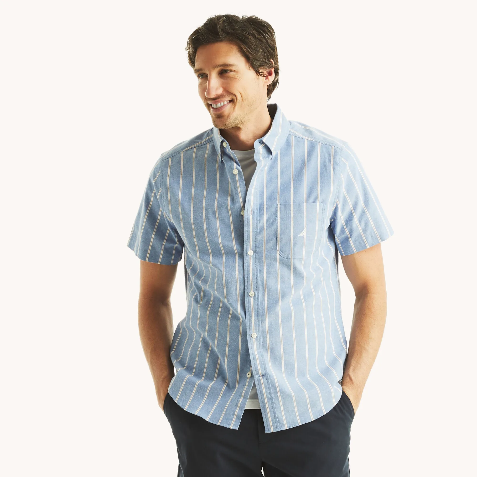 Nautica Mens Striped Oxford Short-Sleeve Shirt