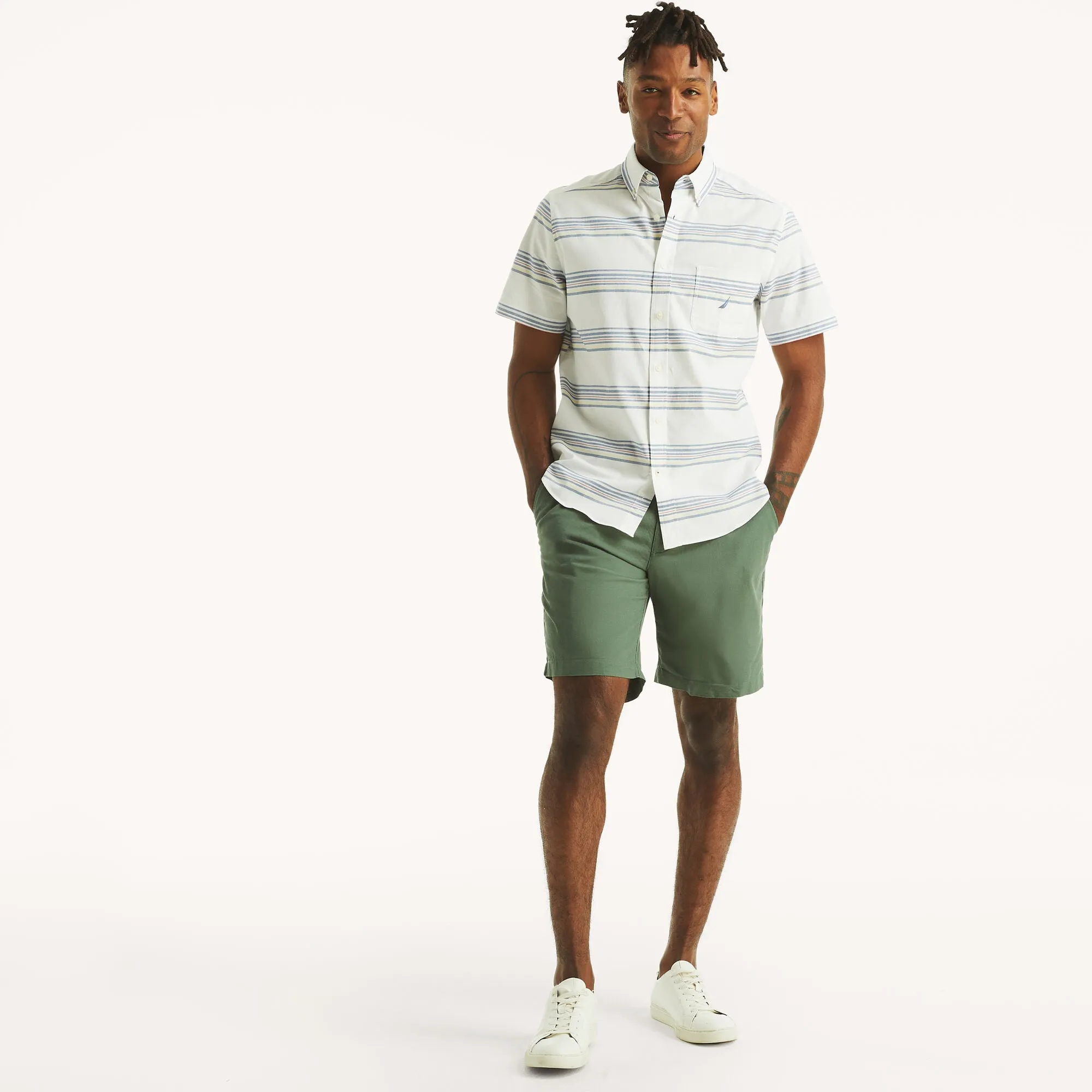 Nautica Mens Striped Oxford Short-Sleeve Shirt
