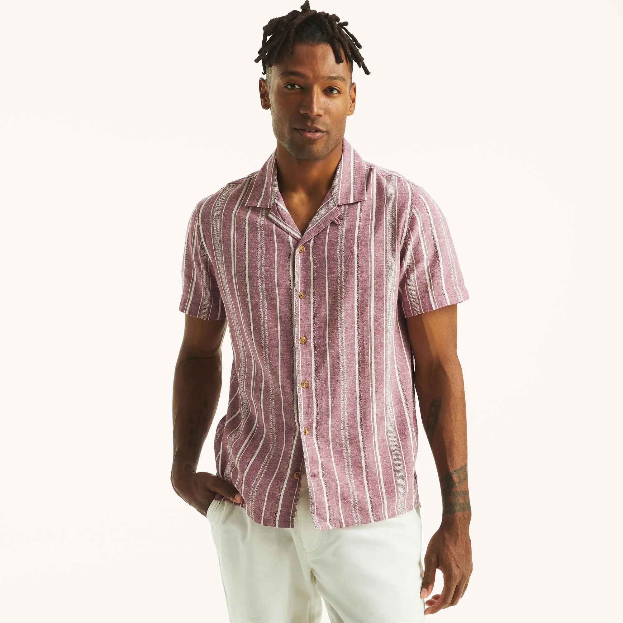 Nautica Mens Striped Short-Sleeve Camp Shirt